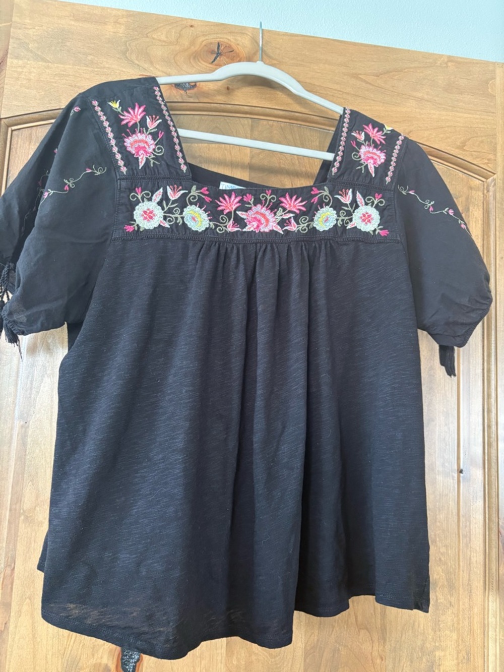 Time and Tru Black Tunic with Pink and White Floral Embroidery